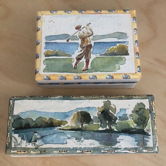 Vintage Other - Vintage 1990 Catriona Stewart Golf Fishing Watercolor Painted Boxes - England
